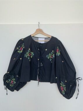 Naya Rea Cora Embroidered Black Tie-Front Peasant Blouse